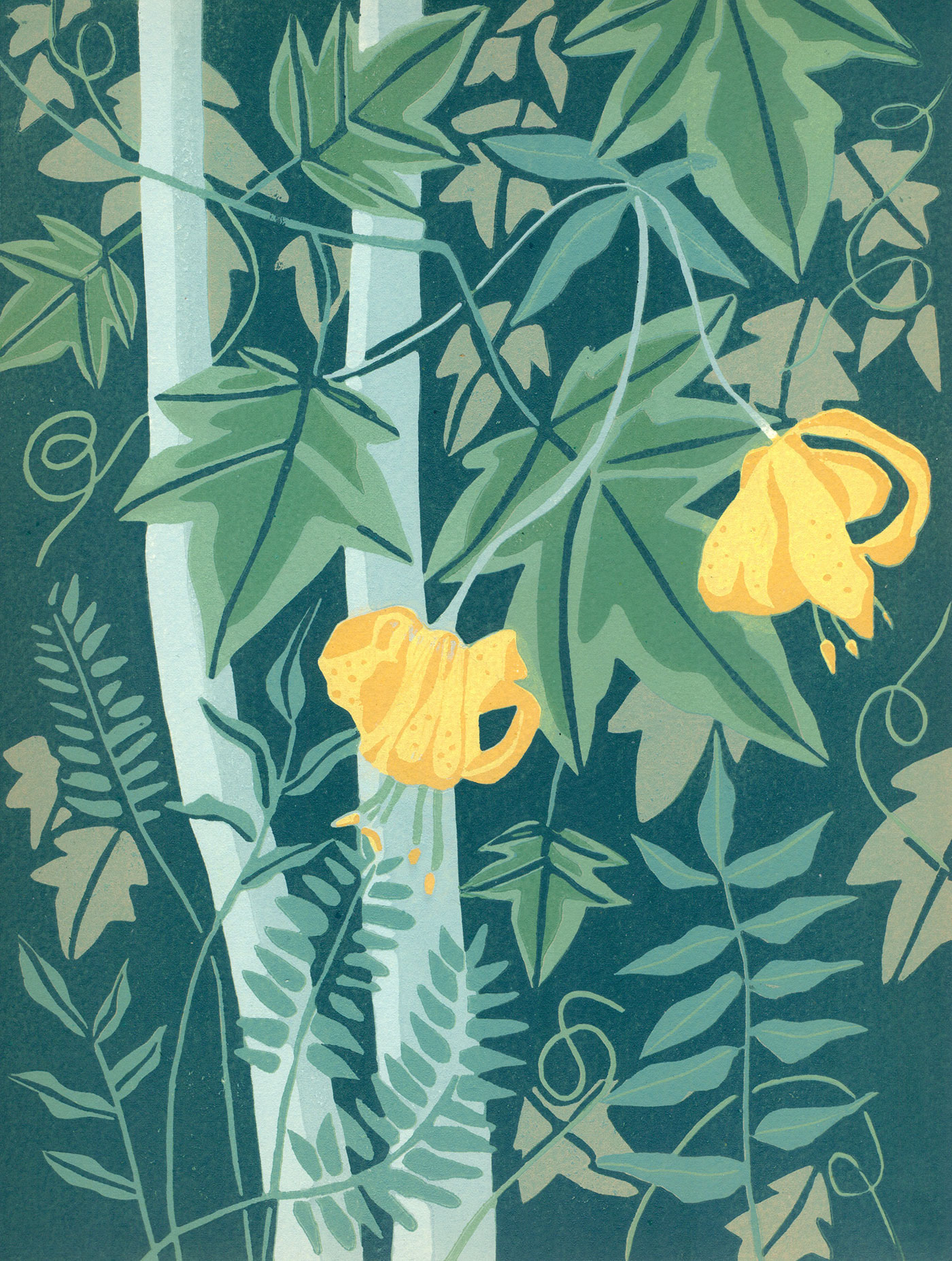 Woodland Gold — a multi-colour reduction linocut by Kate Goetz
