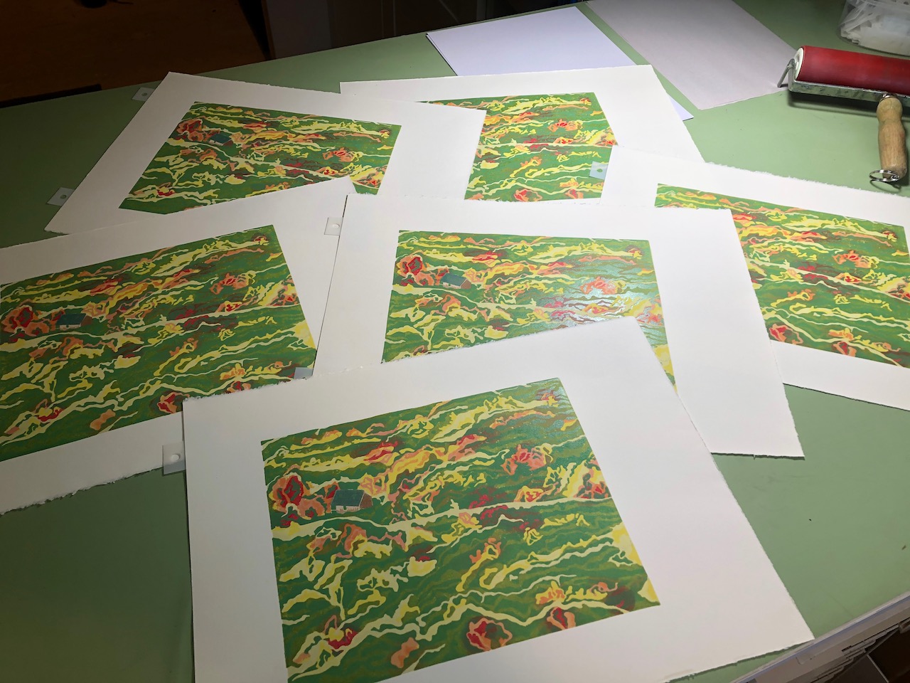 A reduction print growing in detail with successive colour layers
