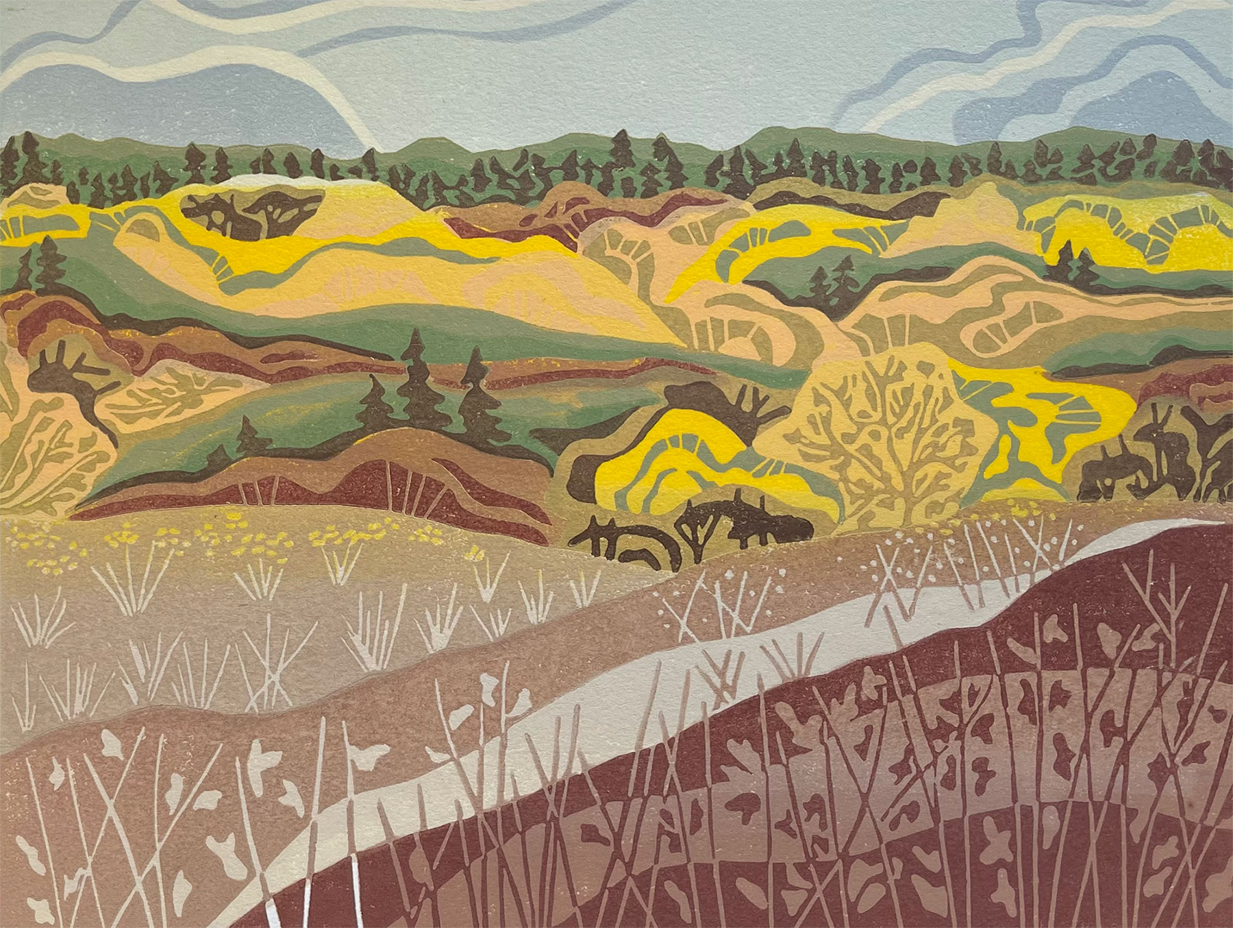This Is Home — a reduction linocut by Kate Goetz